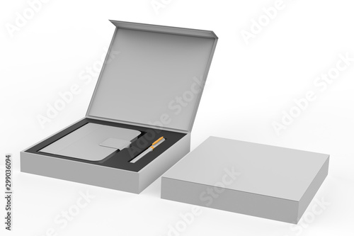 Blank dairy and pen set for branding and mock up. 3d illustration.