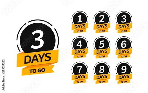 Countdown banners. One, two, three, four, five, six, seven, eight, nine of days left to go. Count time sale. Flat badges, stickers, tag, label. Number 1, 2, 3, 4, 5, 6, 7, 8, 9 of days left to go.