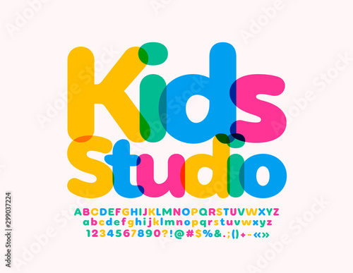 Vector bright logo Kids Studio. Creative Colorful Font. Set of watecolor Alphabet Letters, Numbers and Symbols.