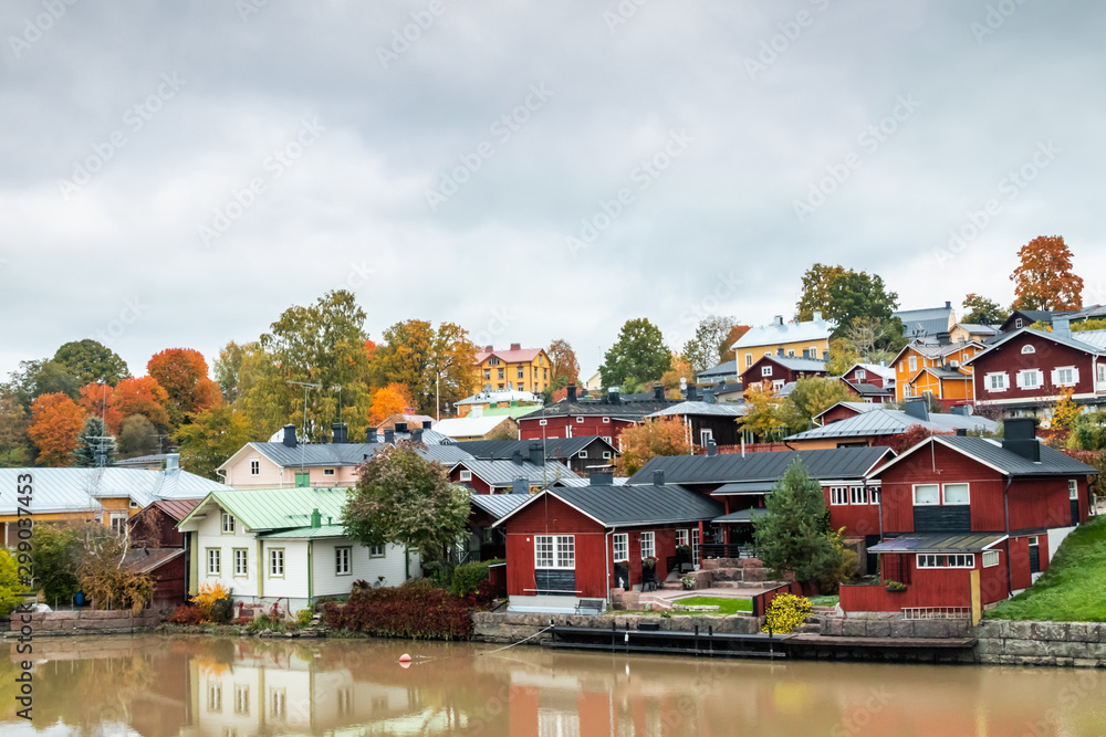 Porvoo, Finland - 7 October 2019: View of Porvoo, Finland. Beautiful city autumn landscape with colorful wooden buildings.