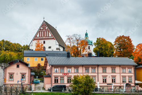 Porvoo, Finland - 7 October 2019: View of Porvoo, Finland. Beautiful city autumn landscape with Porvoo Cathedral and colorful wooden buildings.