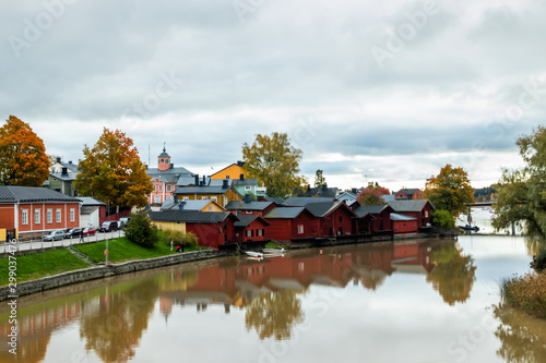 Porvoo, Finland - 7 October 2019: View of Porvoo, Finland. Beautiful city autumn landscape with colorful wooden buildings.