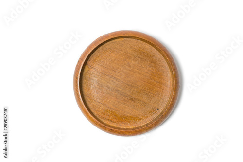 Close up of teak wood drink coaster isolated on white backgroung.Clipping path included.Top view.