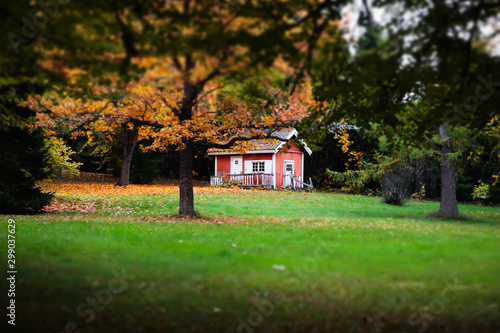 Loviisa, Finland - 7 October 2019: Small wooden house at the Manor House Malmgard.