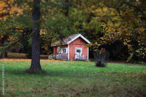 Loviisa, Finland - 7 October 2019: Small wooden house at the Manor House Malmgard. © Elena Noeva