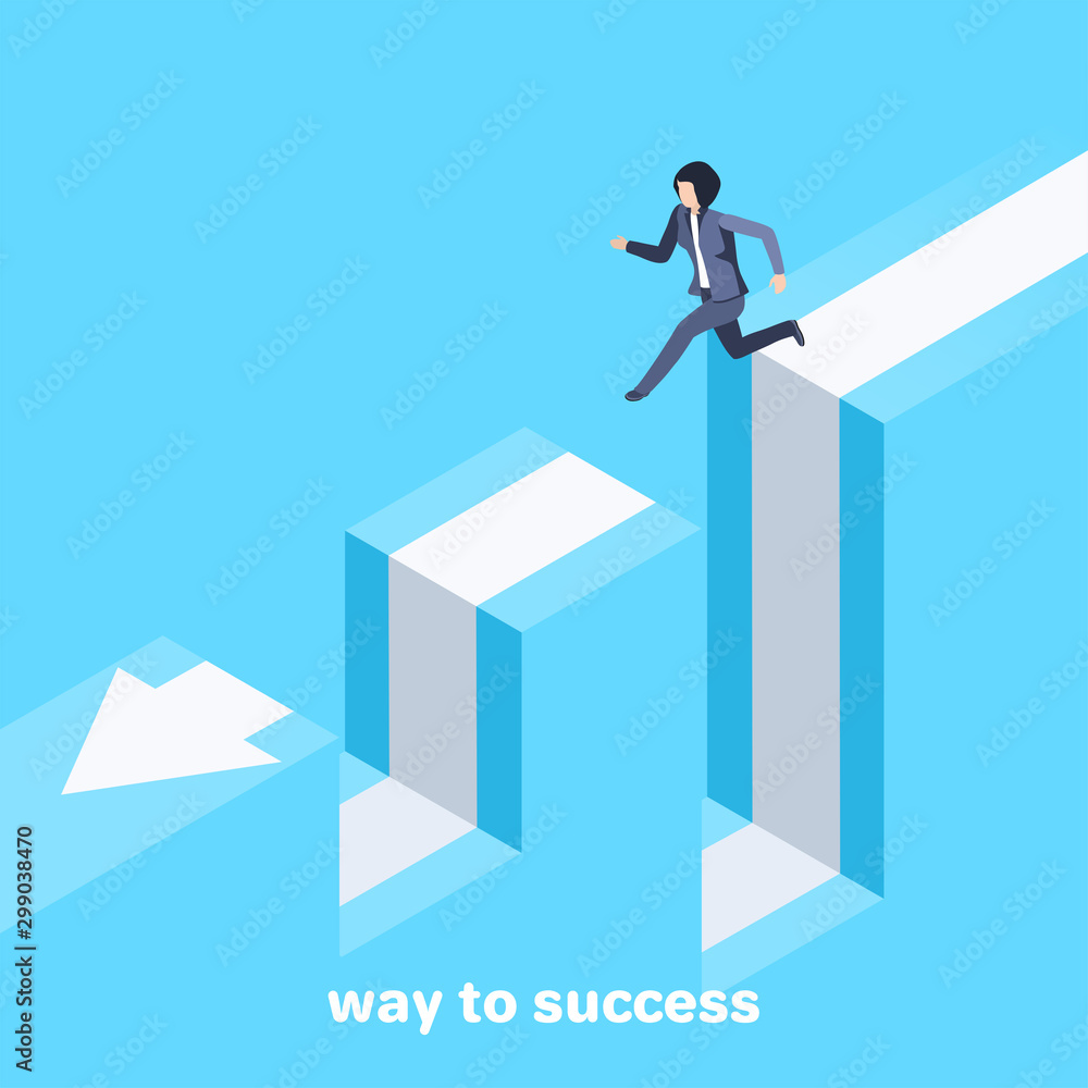 isometric vector image on a blue background, a woman in a business suit jumps over failure, movement to success isometric vector image on a blue background, a woman in a business suit jumps over failure, movement to success