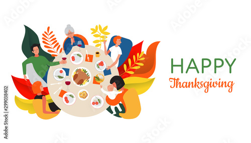 Happy Thanksgiving quote. Thanksgiving or Christmas dinner with extended family. Family celebrating Thanksgiving day with turkey on the table. Flat cartoon style design vector illustration.