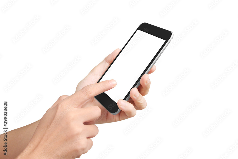 Man hand holding smartphone device and touching screen Man hand holding smartphone device and touching screen