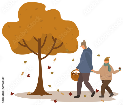 Father and son gathering mushrooms in autumn forest vector. Family members walking together holding hands. People in fall wood picking boletus, fungus in basket. Mushrooming season illustration