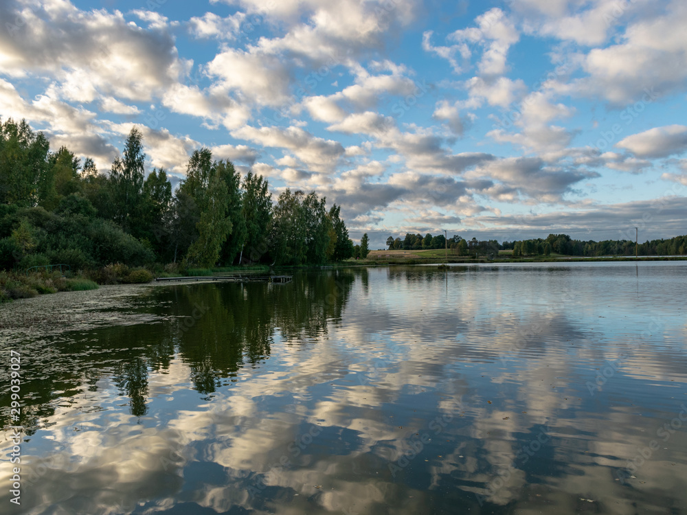 Fototapeta premium landscape with beautiful cloud reflections of lake water, calm water surface