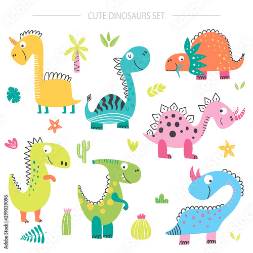 Set with cute cartoon dinosaurs