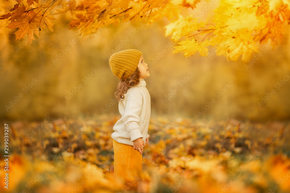 side view of small girl looking up in the park at fall time side view of small girl looking up in the park at fall time