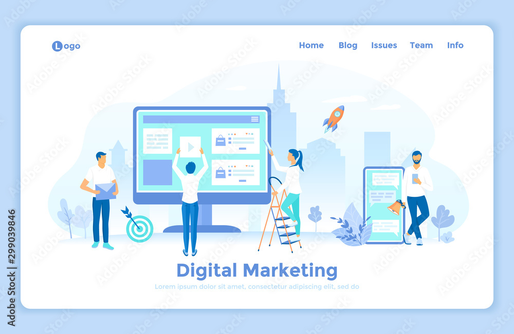 Digital Marketing, social network and media communication. Business analysis, targeting, management. SEO, SEM.  landing web page design template decorated with people characters.