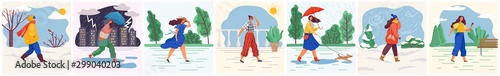Woman walking in sunny and snowy weather. Set of characters wearing clothes to weather conditions. Rainfall and thunderstorm in city. Landscapes with trees and cities with skyscrapers. Various weather