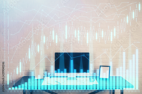 Multi exposure of forex chart and work space with computer. Concept of international online trading. © peshkova