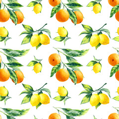 Papier peint photo Fruits aquarelle patrons Citrons oranges agrumes fond blanc  © elyaka