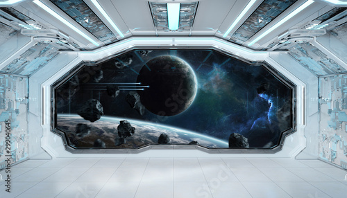 Fototapeta Naklejka Na Ścianę i Meble -  White blue spaceship futuristic interior with window view on space and planets 3d rendering