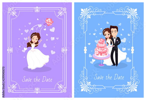 Wedding ceremony and traditions, groom and bride throwing bouquet, newlyweds cutting big baked cake. Frames with ornaments and decorations. Vector illustration in flat cartoon style