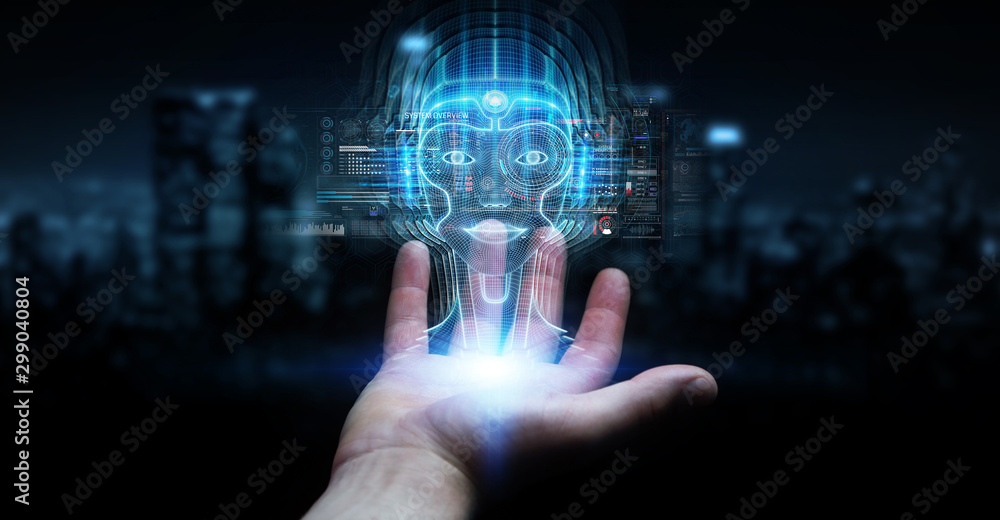 Businessman using digital artificial intelligence head interface 3D rendering Businessman using digital artificial intelligence head interface 3D rendering