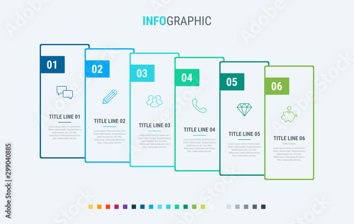 Timeline infographic design vector. 6 options, rectangular workflow layout. Vector infographic timeline template. Cold palette.