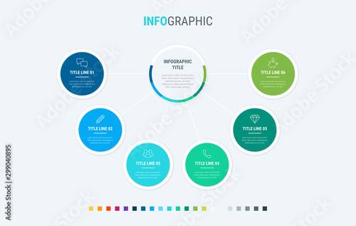 Timeline infographic design vector. 6 options, circle workflow layout. Vector infographic timeline template. Cold palette.