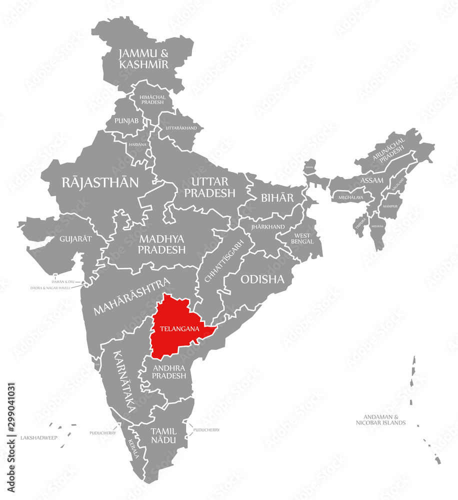 Telangana On India Political Map Telangana Red Highlighted In Map Of India Stock Illustration | Adobe Stock
