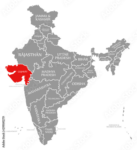 Картината върху платно Gujarat red highlighted in map of India