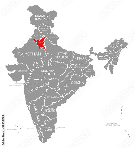 Haryana red highlighted in map of India