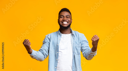 Bild auf Leinwand Joyful black guy rejoicing success with clenched fists