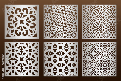 Laser cut panel set in arabic style, cabinet fretwork perforated screen templates . Ornamental panels template set for cutting exterior. Silhouette geometric pattern. Metal, paper or wood carving.