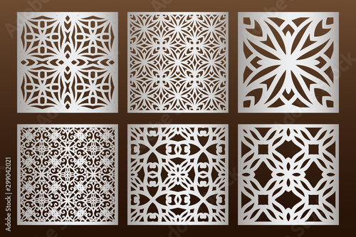 Laser cut panel set in arabic style, cabinet fretwork perforated screen templates . Ornamental panels template set for cutting exterior. Silhouette geometric pattern. Metal, paper or wood carving.
