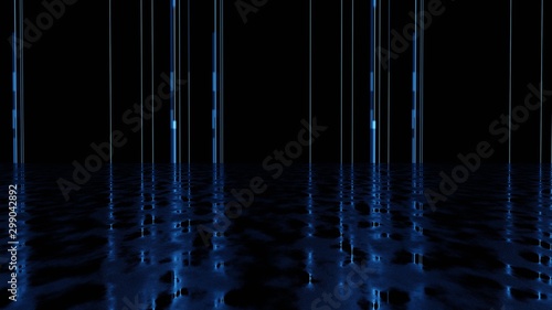 3D Rendering of blue led lights reflecting on rough grunge dark cement floor with wet puddles after raining. For product display background