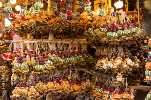 Traditional Christmas scented decoration made of spices and dry fruits at market