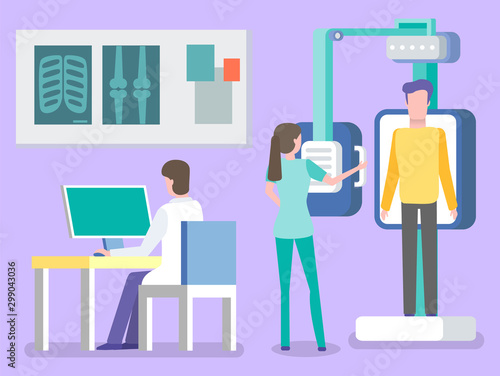 Fluorography and xray scanning of patient, isolated doctor and nurse. Man working on laptop, ribs and bones diagnostics of diseases, assistant. Vector illustration in flat cartoon style