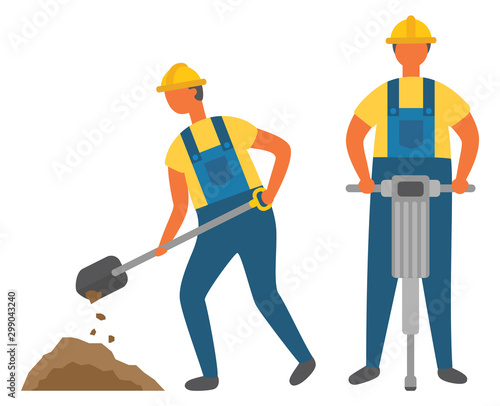 Workers digging and drilling ground, construction works. Men in hardhats and overalls, building process, spade or shovel, electric instrument. Vector illustration in flat cartoon style