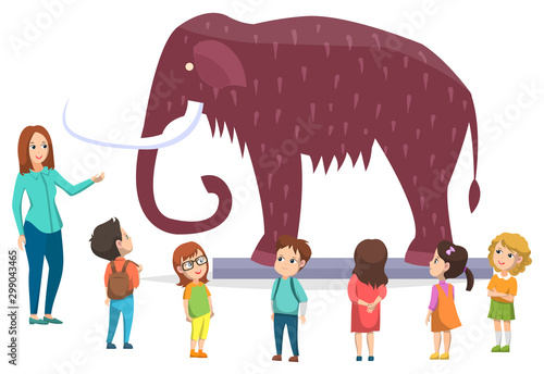 Schoolkids in natural history museum. Exhibition with mammoth with fur and big tusk and trunk. Guide share information about prehistoric mammal. Flat cartoon vector illustration