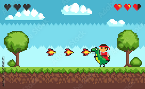 Computer pixel game interface, personage cavalier saddle astride a dinosaur with fire, 8 bit portrait view of fight characters, hero battle in video-game. Pixelated ground with grass, clouds at sky