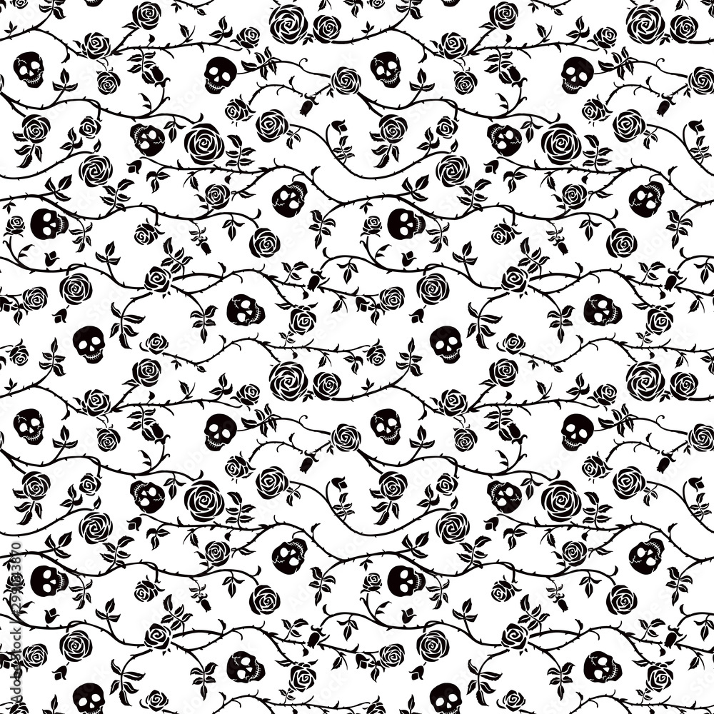 Skull floral seamless pattern. Climbing curly rose and thorn. Fabric black and white flower background, vector. Gothic, Day of Dead, halloween holiday. Dia de muertos texture. Cute funny death's head