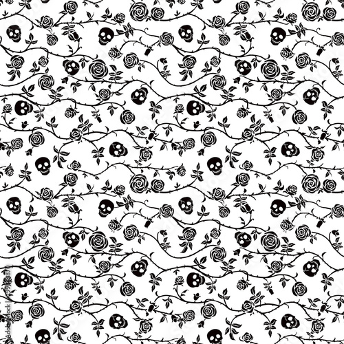 Skull floral seamless pattern. Climbing curly rose and thorn. Fabric black and white flower background, vector. Gothic, Day of Dead, halloween holiday. Dia de muertos texture. Cute funny death's head