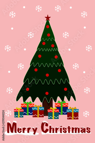 Christmas tree with boxes of gifts. Vector color illustration. Holiday card design.