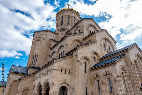 Holy Trinity Cathedral of Tbilisi (Tsminda Sameba Cathedral) on cloudy day. The main cathedral of the Georgian Orthodox Church. Georgia. 