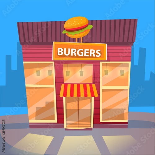Burger house in city, night cityscape with exterior of building selling fast food and snacks. Eatery diner with meals and dishes to have dinner. Vector illustration in flat cartoon style