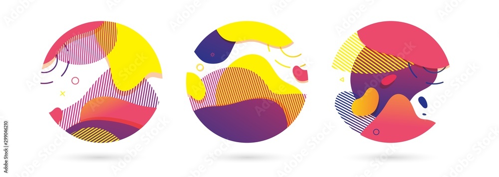 Set of abstract modern graphic circle elements. Dynamical colored around forms and line. Gradient abstract background flowing liquid shapes. Template for the design of a flyer, presentation. Vector