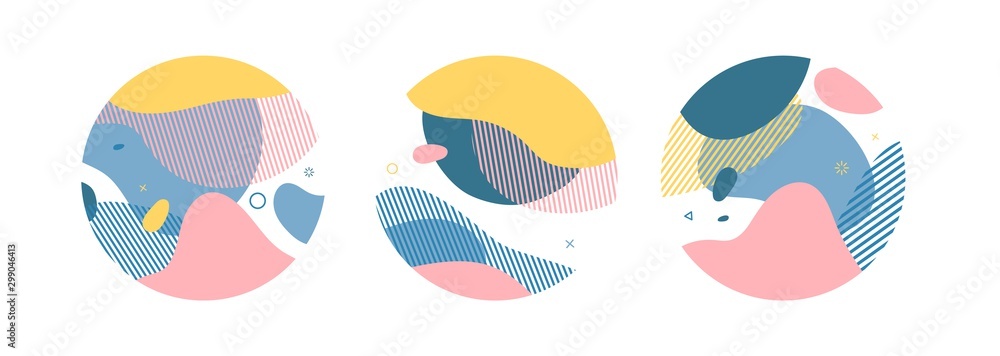 Set of abstract trendy graphic circle elements. Dynamical pastel color around forms and line. Gradient abstract background flowing liquid shapes. Template for design of a flyer, presentation. Vector