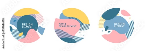 Set of abstract trendy graphic circle elements. Dynamical pastel color around forms and line background. Gradient abstract banner with flowing liquid shapes. Template for flyer, cover design. Vector
