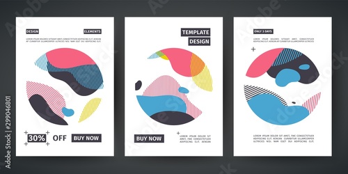 Set of template design banner. Abstract modern graphic circle elements. Flyer with dynamical postel color around form and line. Cover with background flowing liquid shape. Layout trendy poster. Vector