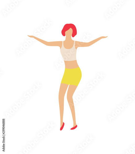 Pretty woman dancer in white shirt and yellow short skirt dancing isolated character. Vector girl entertain at nightclub, clubber on disco party. Vector illustration in flat cartoon style