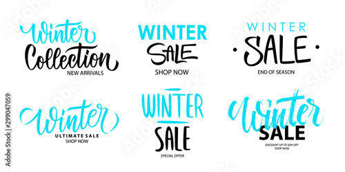 Winter Sale promotional set. Winter season special offer commercial signs with hand lettering for business, seasonal shopping, sale promotion and advertising. Vector illustration.