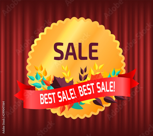 Sale in autumn vector, autumnal discounts banner with foliage and text. Deal promotion and lowering of prices, guarantee of best production quality. Red curtain theater background