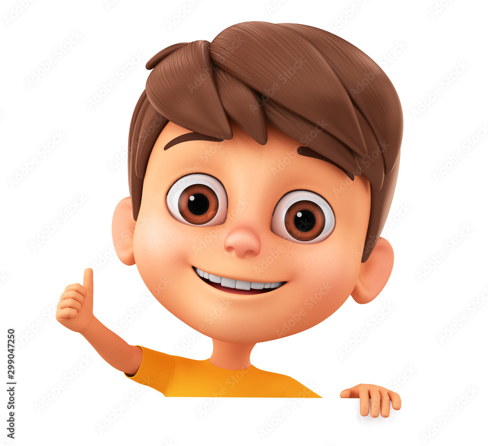 Cartoon character little boy shows thumb up because of an empty board on a  white background. 3d render illustration. Stock Illustration | Adobe Stock